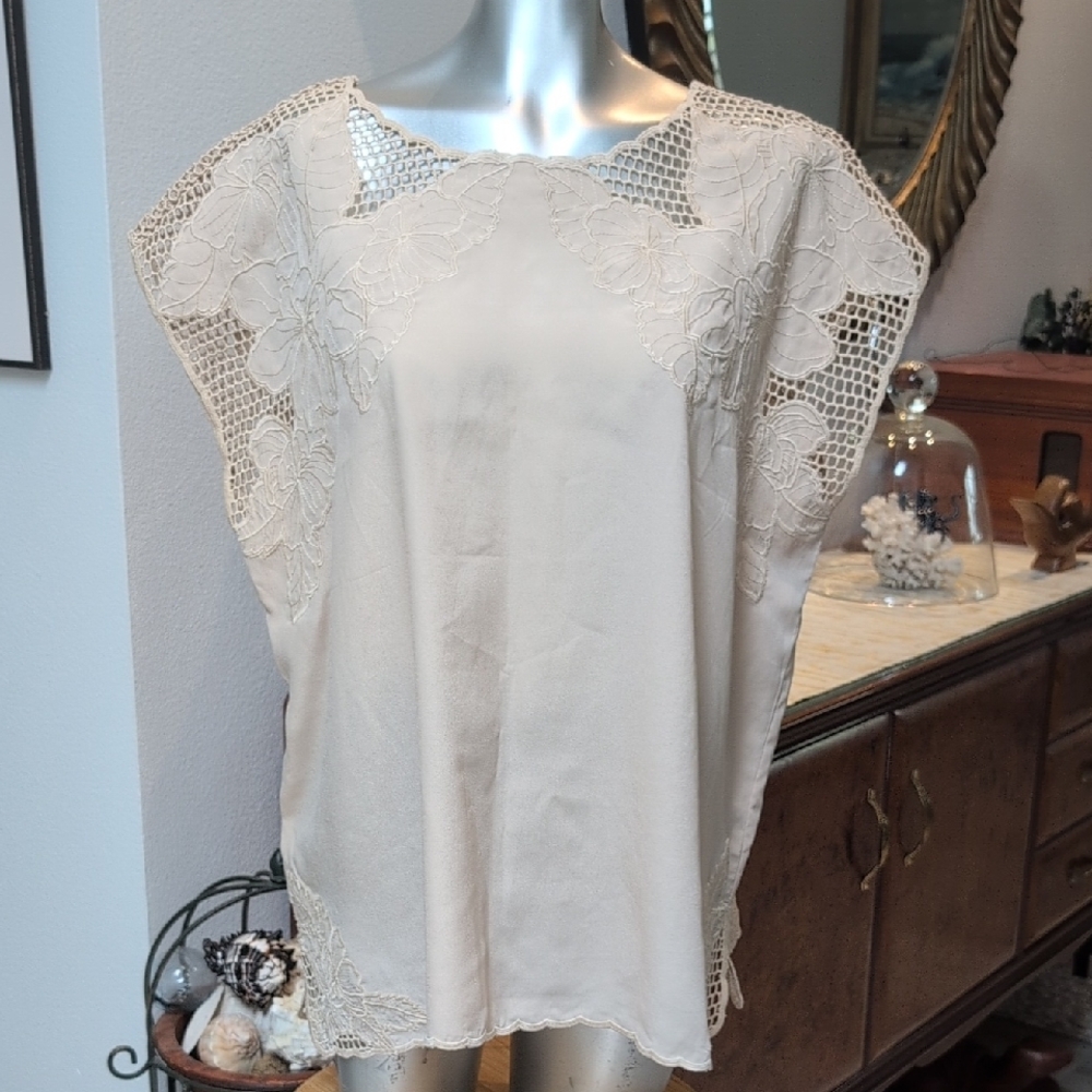 Chico's Cream Flutter Sleeve Embellished Blouse